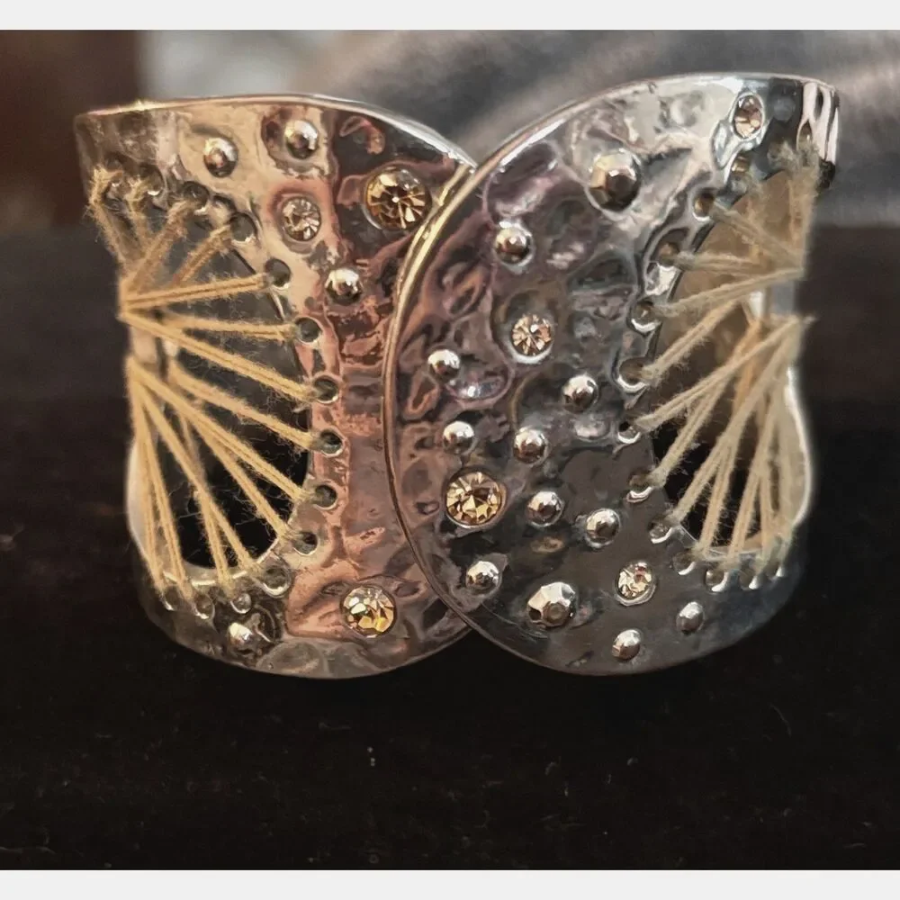 Artisan Hammered Boho Wide Cuff Silver Tone Rhinestone & Thread Bracelet